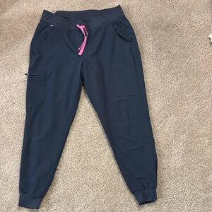 Figs Navy Scrub Bottoms with Pink Drawstring